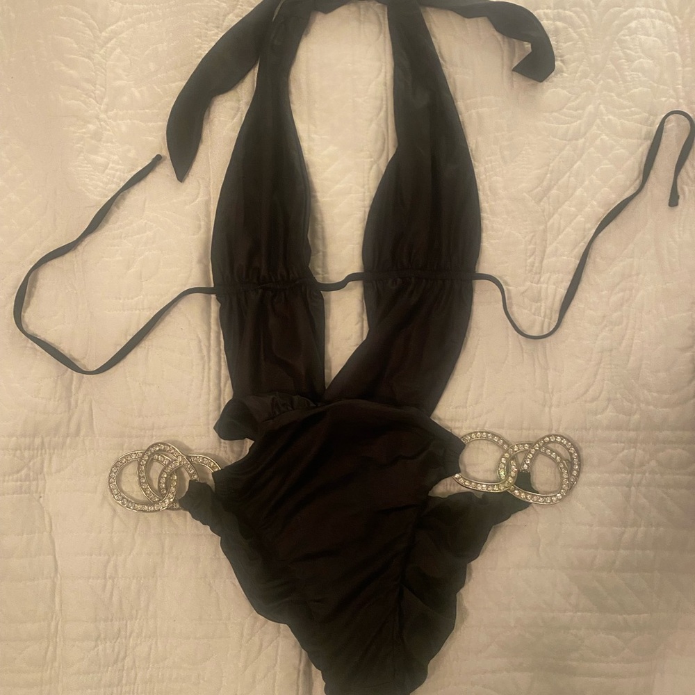 Beach Bunny Black Swimsuit with Silver Rhinestone Chains